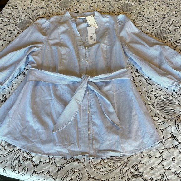 NWT Liz Claiborne Pleated Small Blue and White Stripe Belted Blouse Size Large - Picture 11 of 13